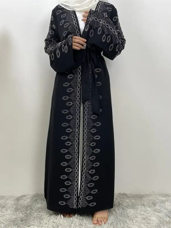 Women's Rhinestone Decor Belted Abaya without Hijab, Chic Modest Long Sleeve Open Front Abaya for Daily Wear, Ladies Islamic ...