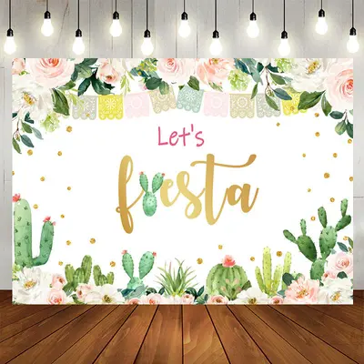 Aperturee Pink Floral Green Cactus Girls Birthday Backdrop