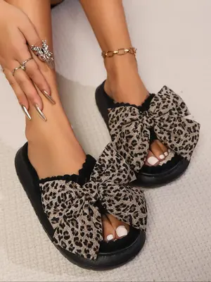 Women's Leopard Pattern Bowknot Design Slippers, Casual Soft Comfortable Home Slippers, Warm Slippers for Indoor & Outdoor Us...