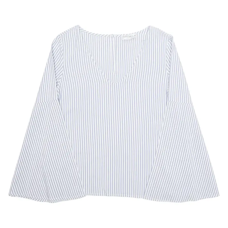 PULL&BEAR Womens Printed Blouse Purple V-Neck Long Sleeve Viscose Striped S