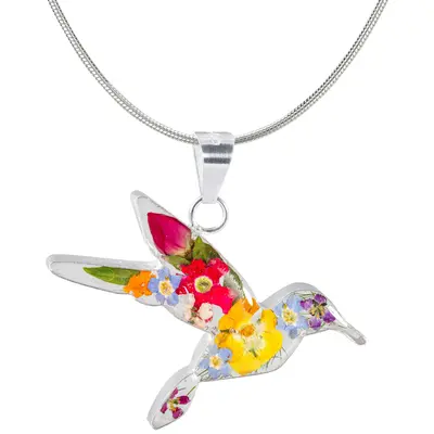 Real Flowers & Sterling Hummingbird Necklace - with Diamond Cut Chain