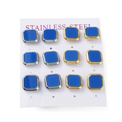 6 Pair 2 Color Square Acrylic Stud Earrings
