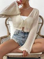 Women's Plain Hollow Out Tie Front Crop Cardigan, Casual Soft Flounce Sleeve V Neck Cover Up Knitwear for Spring & Fall, Summ...