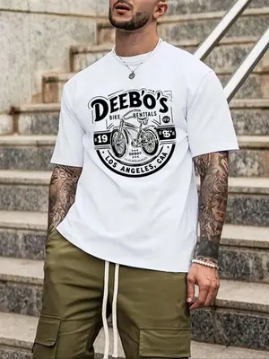 【Plus Size】 Men's Bicycle & Letter Print Round Neck Tee, Regular Fit Casual Short Sleeve Crew Neck T-shirt for Daily Wea...