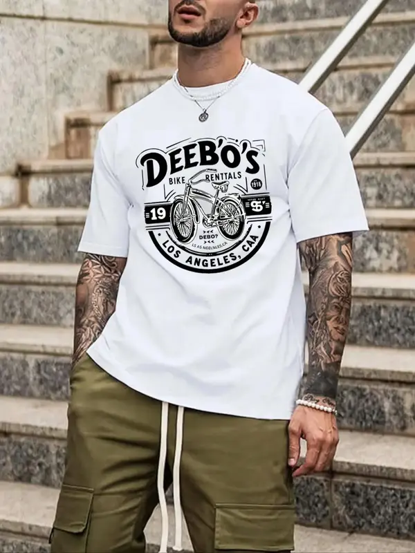 【Plus Size】 Men's Bicycle & Letter Print Round Neck Tee, Regular Fit Casual Short Sleeve Crew Neck T-shirt for Daily Wea...