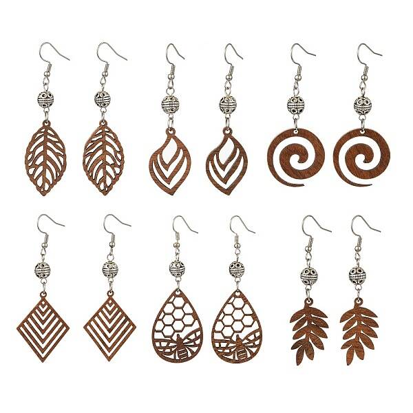 6 Pairs 6 Styles Natural Walnut Wood with Alloy Bead Dangle Earrings for Women