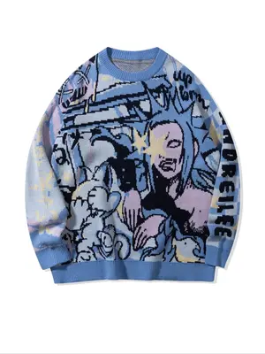 Men's Cartoon Print Round Neck Sweater Knitwear Tops, Loose Casual Long Sleeve Crew Neck Jumper for Spring & Fall, Fashion Me...