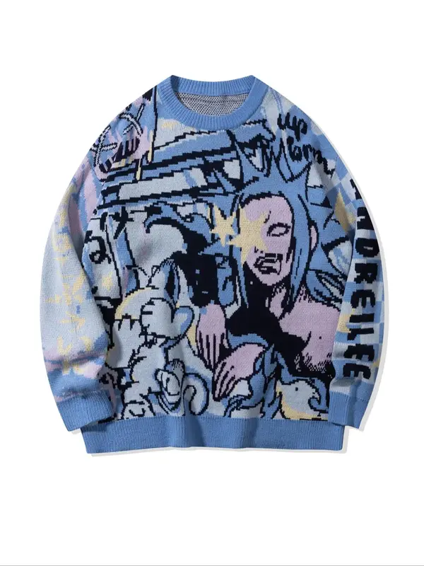 Men's Cartoon Print Round Neck Sweater Knitwear Tops, Loose Casual Long Sleeve Crew Neck Jumper for Spring & Fall, Fashion Me...