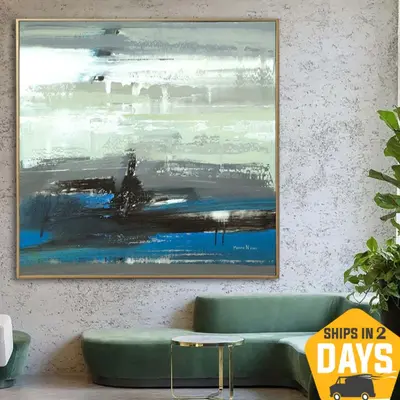 Large Abstract Blue Paintings On Canvas Culming Painting Original Hand Painted Art Textured Oil Painting | GREY 35"x35&q...