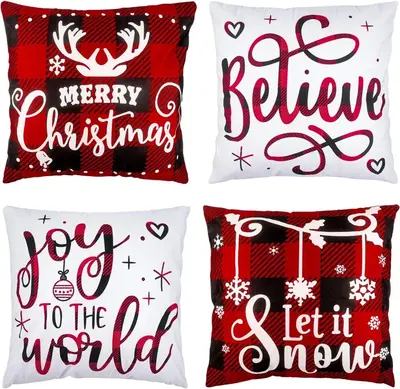 Christmas Pillow Covers 18x18 Set of 4 Winter Throw Pillow Covers Holiday Buffalo Plaid Pillow Covers Merry Christmas Pillows...
