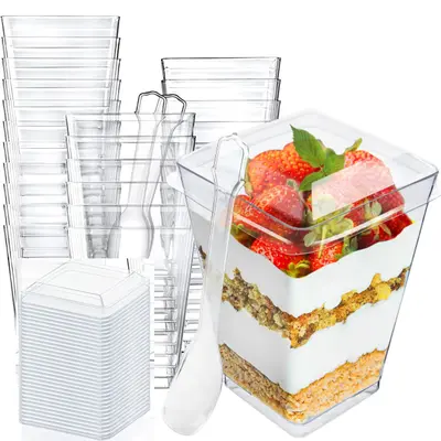 100 Pack 5oz Crystal Plastic Dessert Cups with Lids & Spoons 100 Pack Disposable Square Parfait Appetizer Cups for Mousse, Ti...