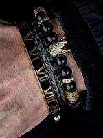 Men's Black Onyx Bracelet Set, Rhinestone Crown Decor Beaded Bracelet & Braided Bracelet & Vintage Roman Numerals Open Bracel...