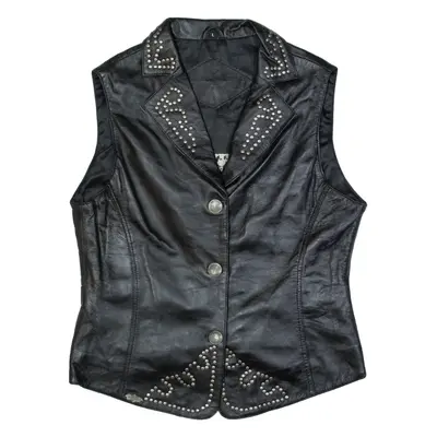 STARS & STRIPES Mens Biker Waistcoat Black Leather 90s L