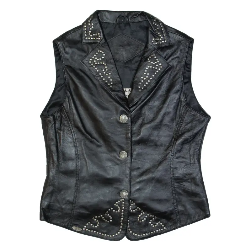 STARS & STRIPES Mens Biker Waistcoat Black Leather 90s L