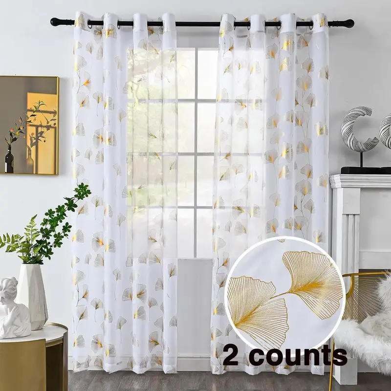 Leaf Print Sheer Curtains, 2 Counts/set Foil Print Voile Sheer Curtain, Grommet Top Window Drapes, Luxury Metallic Bronzing W...