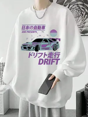 Men's Letter & Character Print Round Neck Essentials Sweatshirt, Loose Casual Drop Shoulder Pullover Streetwear, Cold Weat...