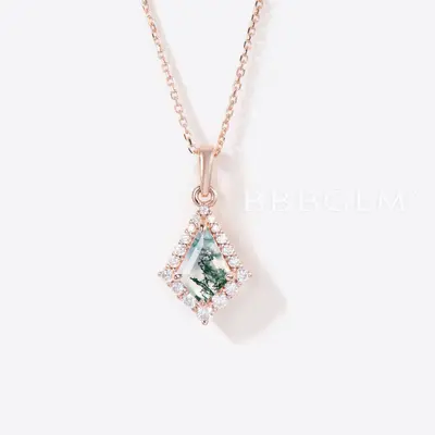 Kite Cut Natural Moss Agate Bridal Necklace Halo Diamond Charm Pendant