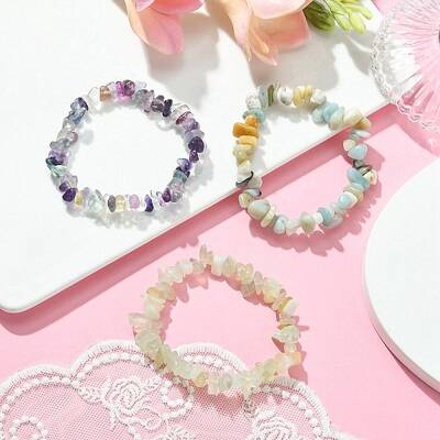 3Pcs 3 Style Natural Mixed Gemstone Chips Beaded Stretch Bracelets Set for Women