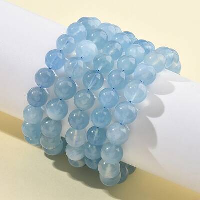 Natural Aquamarine Round Bead Stretch Bracelets for Men Women