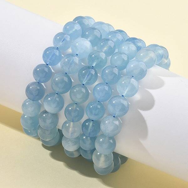 Natural Aquamarine Round Bead Stretch Bracelets for Men Women