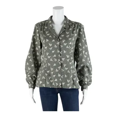 BREKENRIDGE Fitted Blouse Grey Collared Crazy Pattern Long Sleeve Womens S