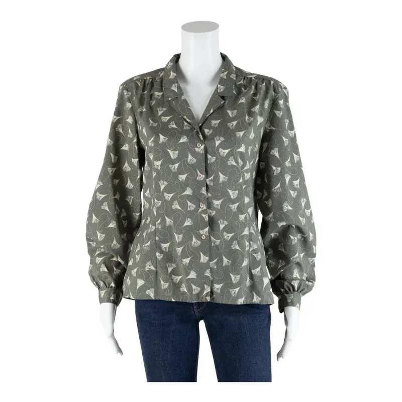 BREKENRIDGE Fitted Blouse Grey Collared Crazy Pattern Long Sleeve Womens S