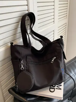 Women's Simple Style Plain Color Tote Bag with Circle Coin Purse (2pcs), Casual Trendy Versatile High-quality Bag Set, Fashio...