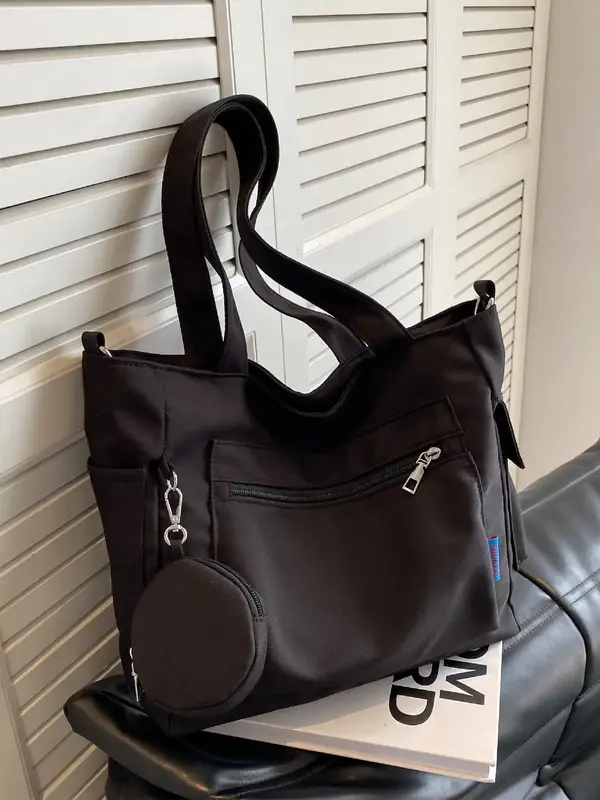 Women's Simple Style Plain Color Tote Bag with Circle Coin Purse (2pcs), Casual Trendy Versatile High-quality Bag Set, Fashio...