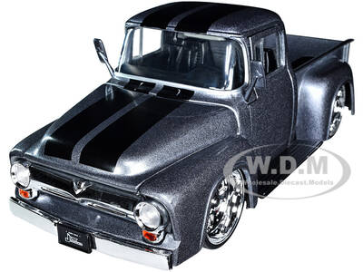 1956 Ford F-100 Pickup Truck Gray Metallic with Black Stripes Just Trucks Series 1/24 Diecast Model Car by Jada