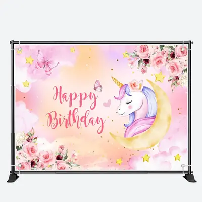 Unicorn Pink Floral Butterfly Girl Birthday Backdrop - Aperturee