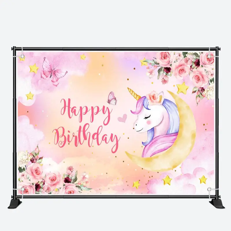 Unicorn Pink Floral Butterfly Girl Birthday Backdrop - Aperturee