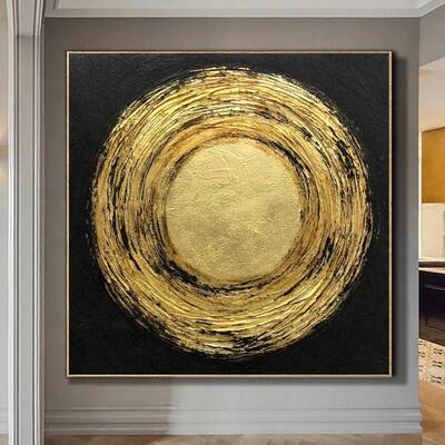 Large Original Oil Painting Circle Painting Black Canvas Abstract Gold Painting Frame Fine Art Painting Modern Wall Art | GOL...
