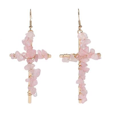 Natural Rose Quartz Cross Dangle Earrings