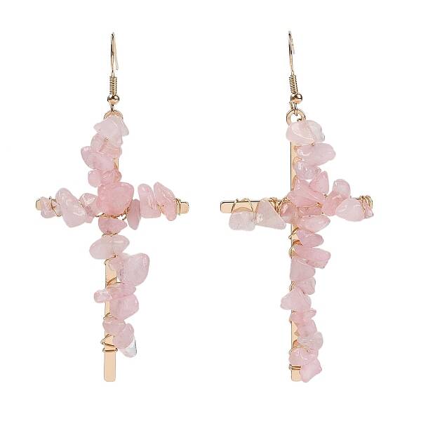 Natural Rose Quartz Cross Dangle Earrings