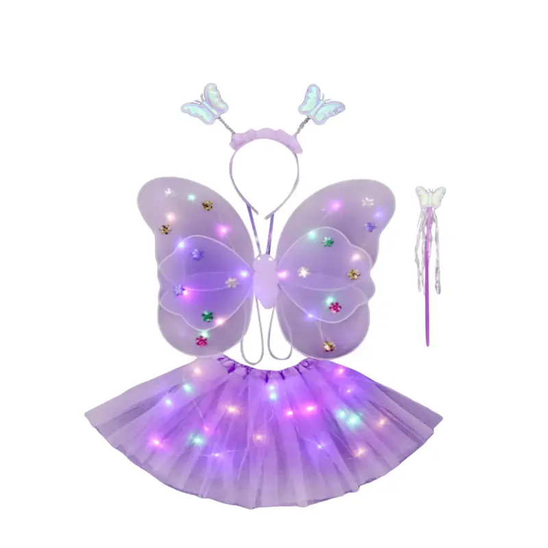 Girl's Fairy Costume Set Glowing Butterfly Wings Tutu Skirt Headband & Wand Role Play Outfits