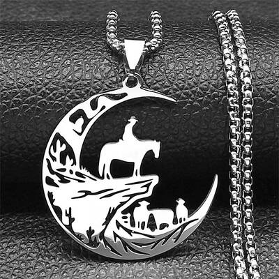 304 Stainless Steel Hollow Cut Cowboy Moon Pendant Necklaces
