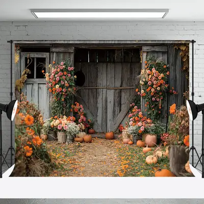 Wood Barn Door Floral Pumpkins Autumn Photo Backdrop