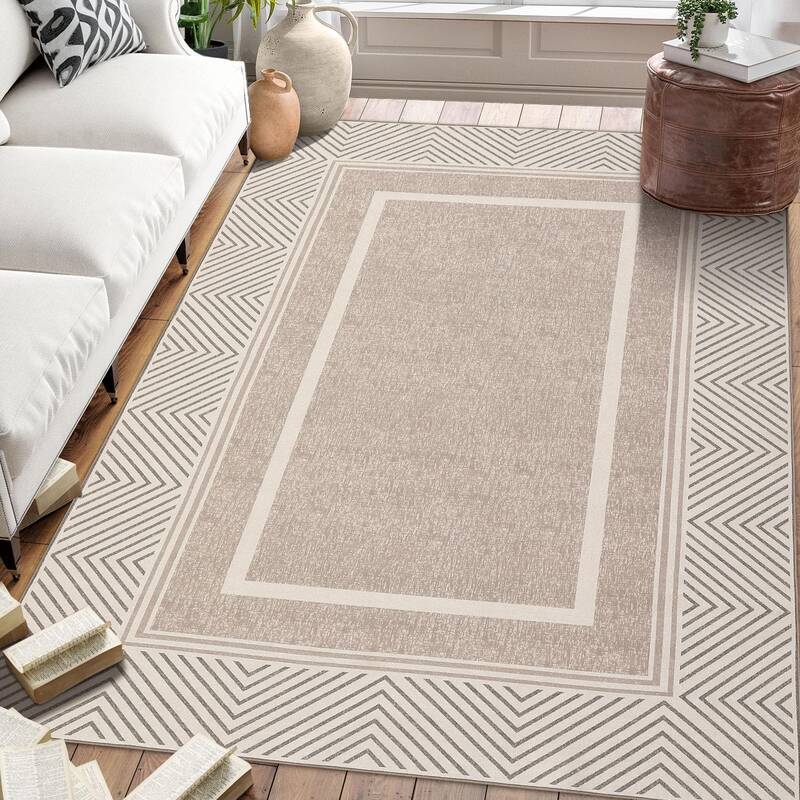 Garvee Modern Bordered Area Rug Washable Ultra-Thin Non-Slip Rug for Living Room, Bedroom, Office, Dorm, Non-Shedding Khaki C...