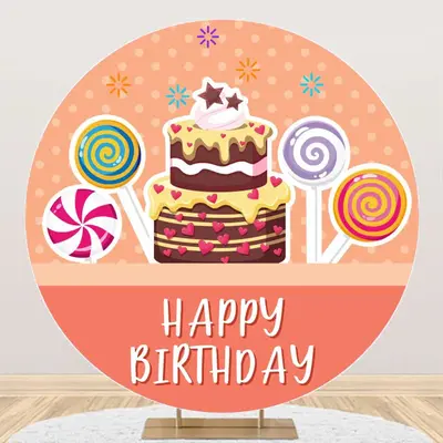 Pink Candyland Cake Round Happy Birthday Backdrop