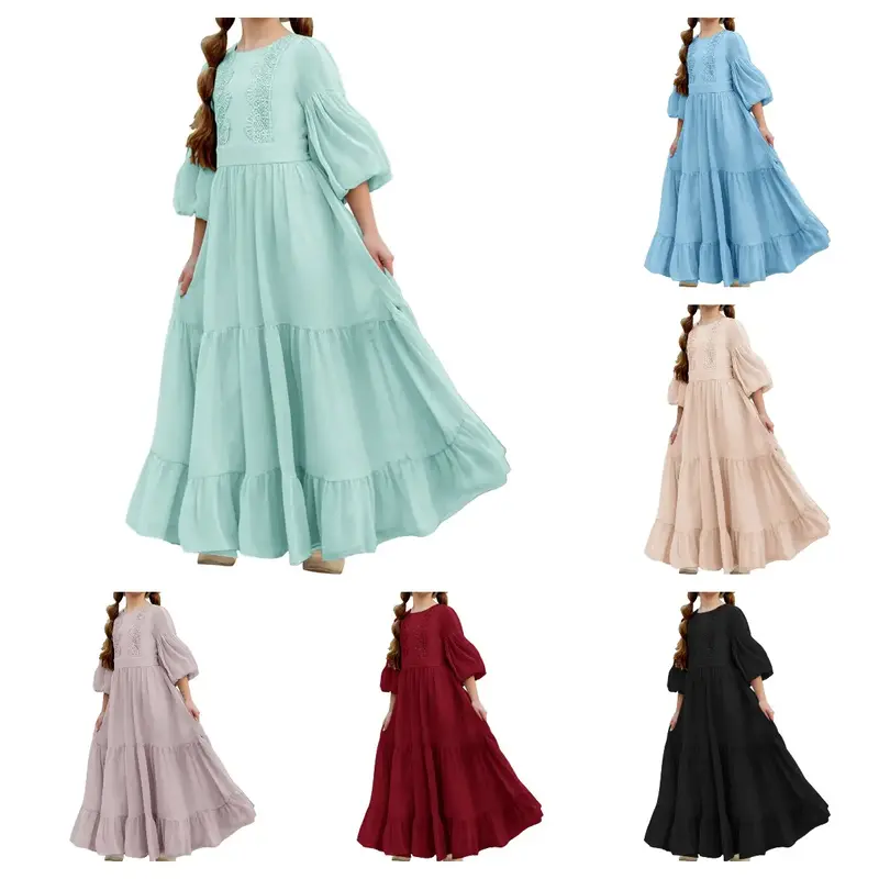 【5-14 Years】Haloumoning Girls Boho Dresses 3/4 Sleeve V-Back Lace Flower Crew Neck Tiered Ruffle Swing Party Maxi Dress