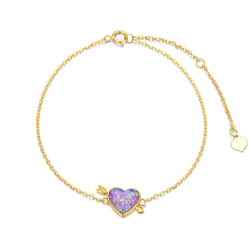 14K Gold Heart Opal Charm Bracelet For Women