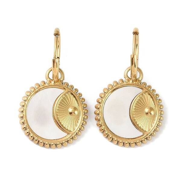 Flat Round with Moon 304 Stainless Steel Shell Stud Earrings