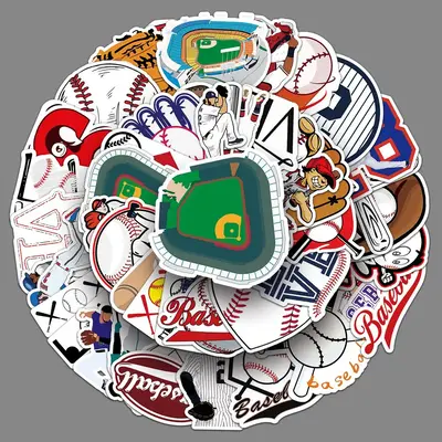 50pcs Random Color  Baseball Pattern Sticker, Waterproof Self Adhesive Decor Paper, Decor Sticker for Gift Greeting Card Wate...