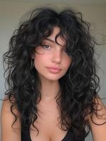 Black Long Wavy Wigs for Women, Gorgeous Fluffy Wigs with Bangs, Synthetic Full Machine Wigs for Party, Daily Use