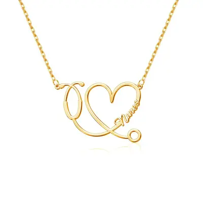10K Gold Personalized Classic Name & Heart & Stethoscope Pendant Necklace