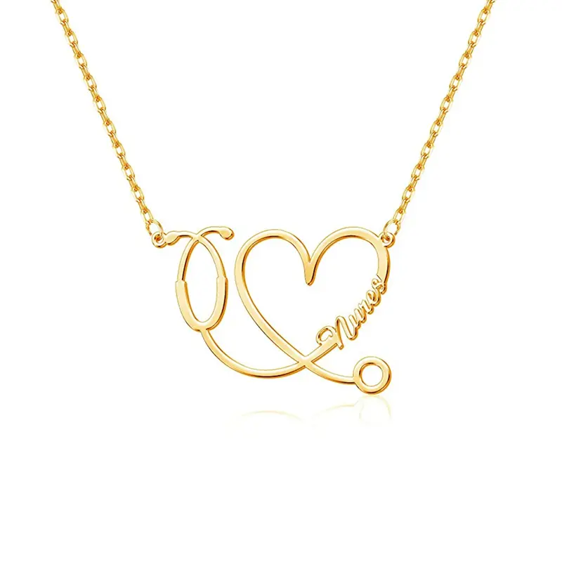 10K Gold Personalized Classic Name & Heart & Stethoscope Pendant Necklace