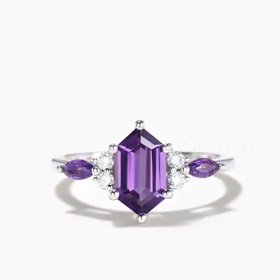 Long Hexagon Cut Natural Amethyst Engagement Ring Diamond Cluster Ring