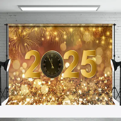 Gold Sparkling Bokeh Clock 2025 New Year Backdrop - Aperturee