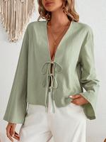 Women's Solid Tie Front Flounce Sleeve Kimono, Casual Deep V Neck Long Sleeve Outerwear for Daily Wear, Ladies Clothes for Al...