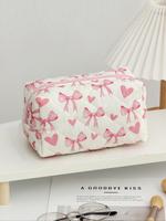 Cute Bow & Heart Pattern Makeup Bag, Large Capacity Cosmetic Storage Bag, Zipper Makeup Organizer Pouch, Versatile Storage Ba...